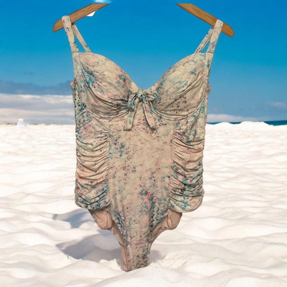 ROBYN LAWLEY,blue/pink watercolour ruched sides Swimsuit, Size US 12